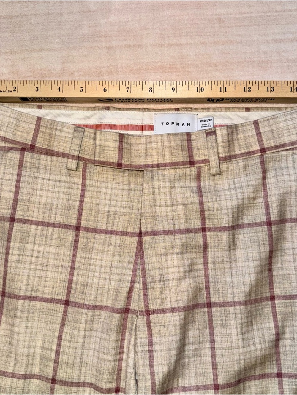 Topman Beige Plaid Dress Pants with Red Windowpane Trim - Picture 8 of 11